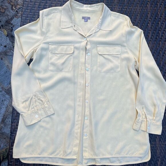 J.JILL SOLID 100% SILK LONG SLEEVE BUTTON DOWN SHIRT CHEST POCKETS YELLOW SIZE M - Picture 10 of 11